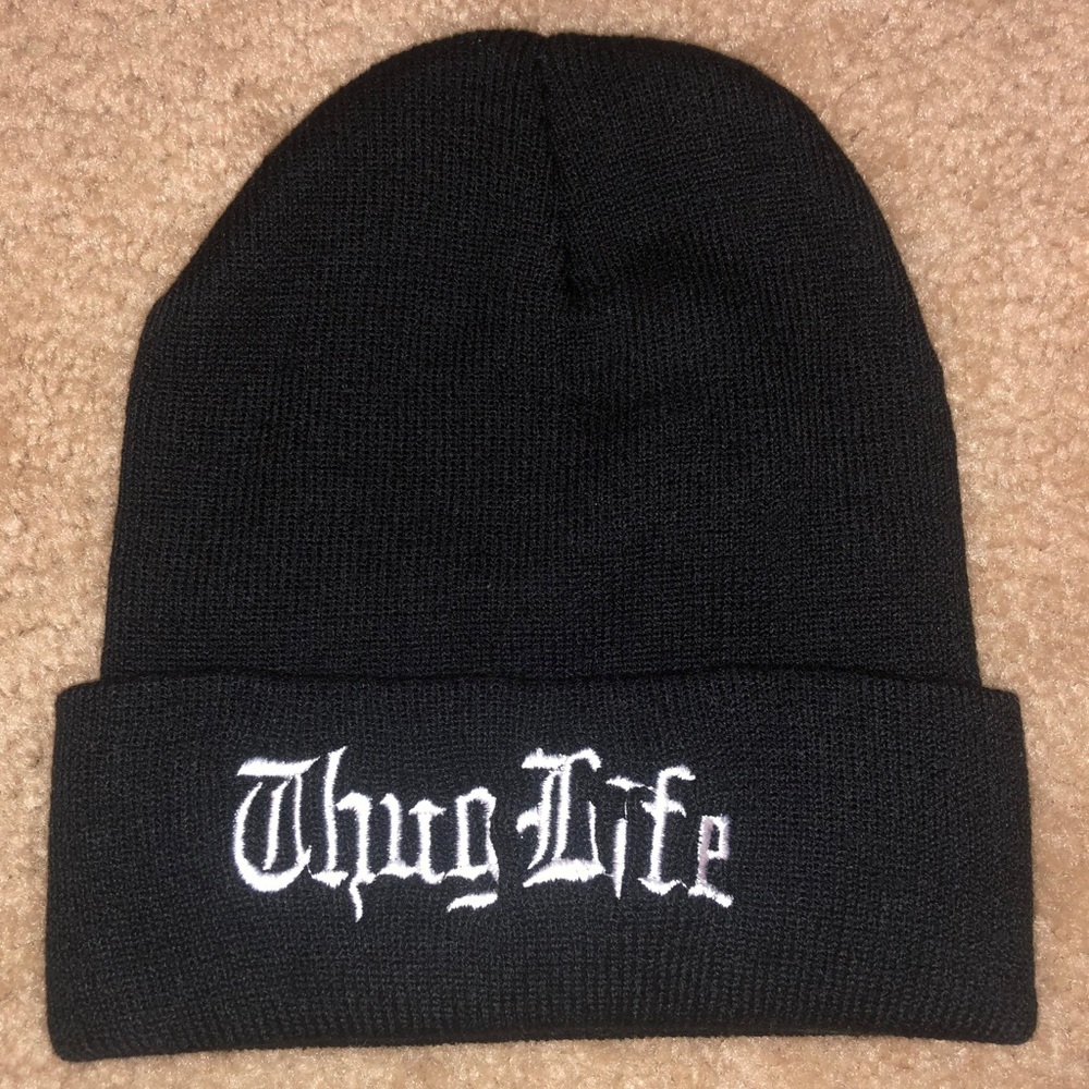 Black beanie with embroidered typography